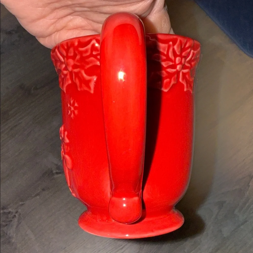 William Sonoma Red Holiday Mug with Embossed House with Sled Design